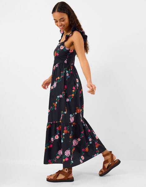 Floral Print Frill Maxi Dress, Black (BLACK), large