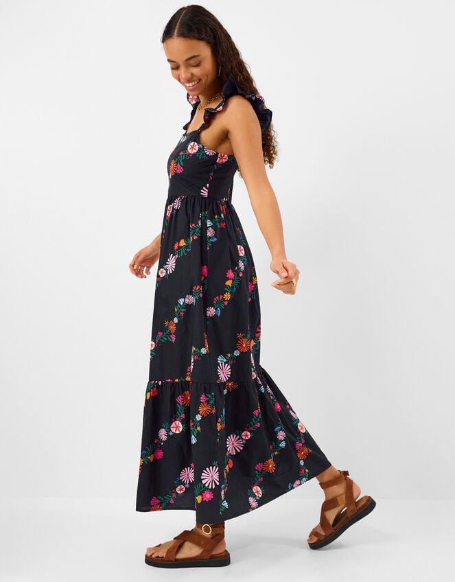 Floral Print Frill Maxi Dress, Black (BLACK), large