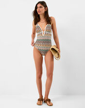 Crochet Plunge Swimsuit, Natural (NEUTRAL), large