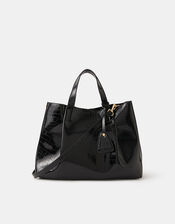 Faux Croc Skin Patent Tote Bag, Black (BLACK), large