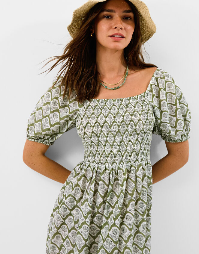 Floral Print Puff Sleeve Maxi Dress, Green (KHAKI), large