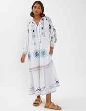 Long-Sleeve Embroidered Maxi Dress, White (WHITE), large