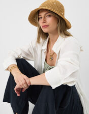 Beaded Flower Straw Bucket Hat, , large