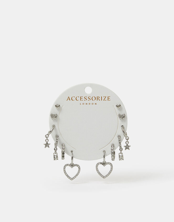 6-Pack Pavé Heart Stud and Hoop Earrings Silver, , large