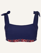 Tie Shouldered Embroidered Bikini Crop Top, Blue (NAVY), large