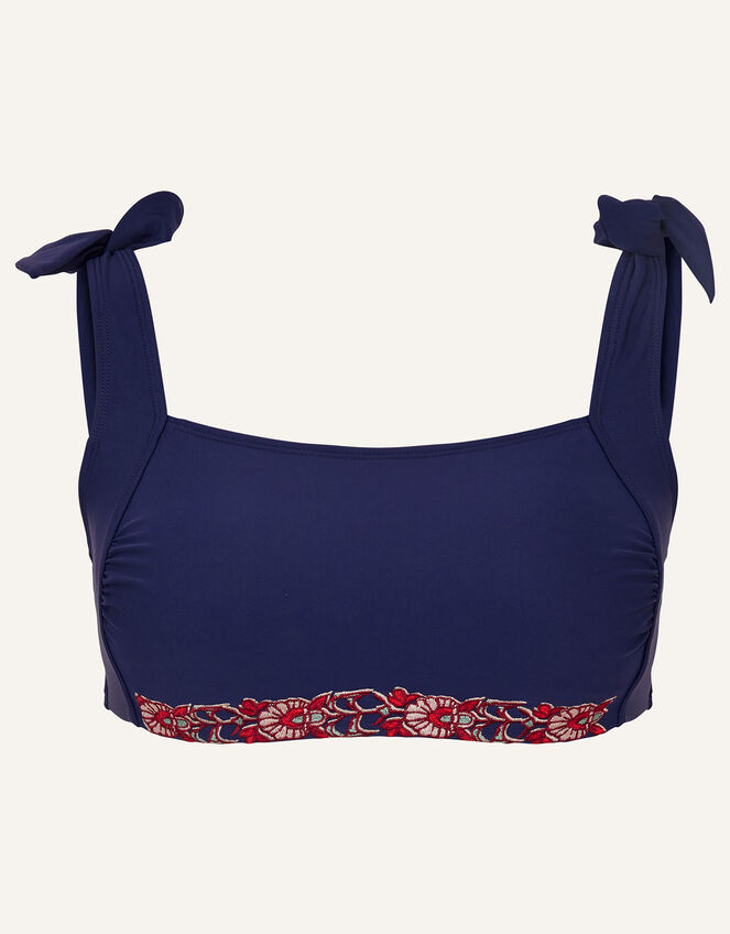 Tie Shouldered Embroidered Bikini Crop Top, Blue (NAVY), large