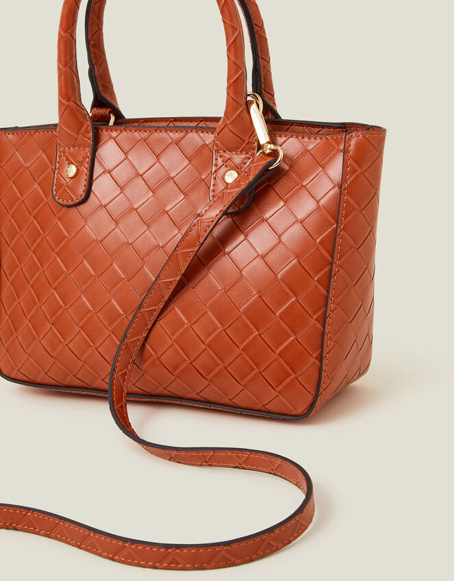 Mini Woven Faux Leather Handbag, Orange (ORANGE), large