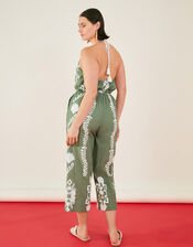 Ornamental Print Halter Jumpsuit, Green (KHAKI), large