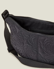 Large Floral Quilted Sling Bag, Black (BLACK), large
