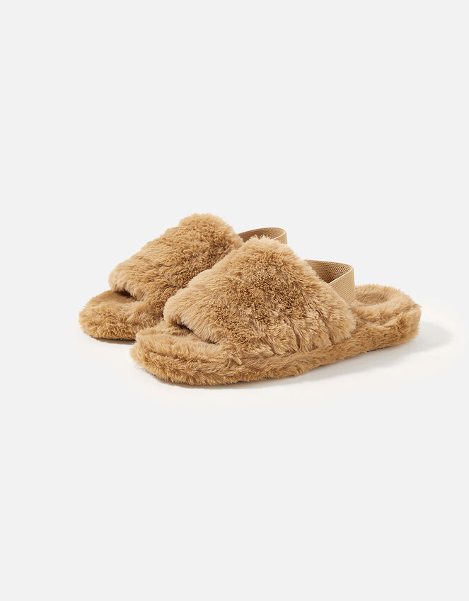 Faux Fur Strappy Slipper , Tan (TAN), large