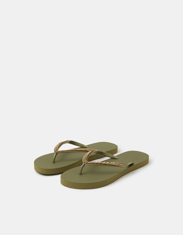 Bead Embellished EVA Flip Flops, Green (KHAKI), large