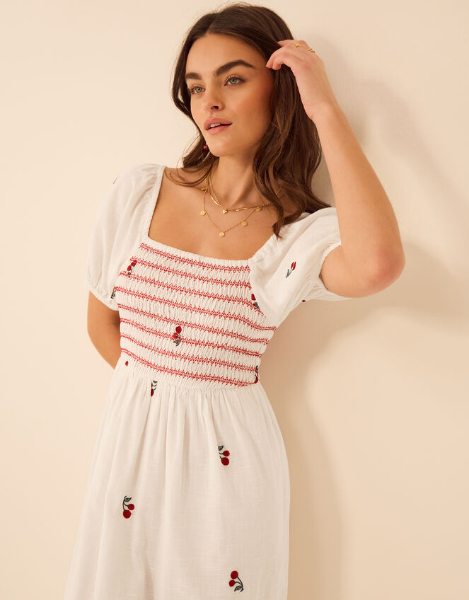 Puff Sleeve Cherry Embroidered Midi Dress, White (WHITE), large