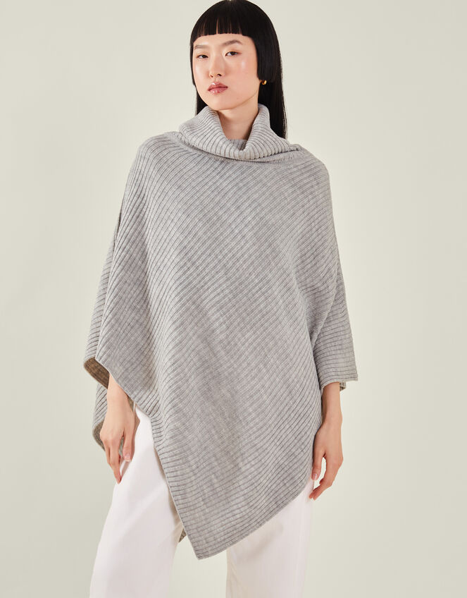 Roll Neck Rib Knit Poncho, , large