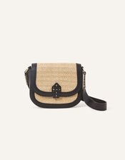 Raffia Flap Cross-Body Bag, Black (BLACK), large