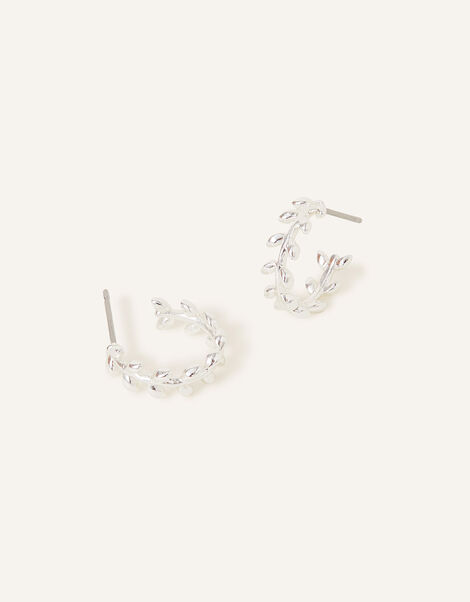 Sterling Silver-Plated Leaf Hoop Earrings, , large