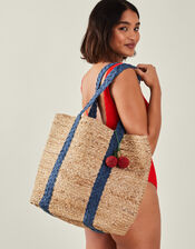 Denim Strap Jute Shoulder Bag, , large