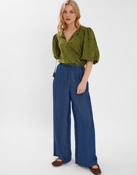 Chambray Wide Leg Trousers, Blue (BLUE), large