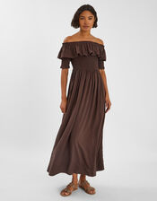 Off-The-Shoulder Smocked Maxi Dress, Brown (CHOCOLATE), large