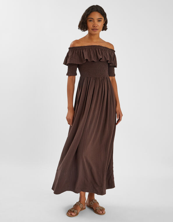 Off-The-Shoulder Smocked Maxi Dress, Brown (CHOCOLATE), large