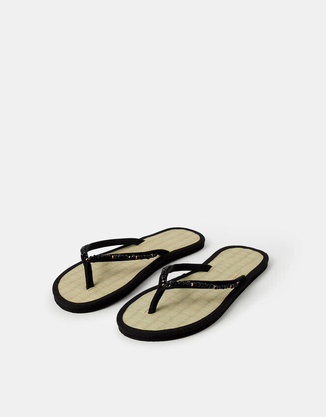 Beaded Seagrass Flip Flops, Black (BLACK), large
