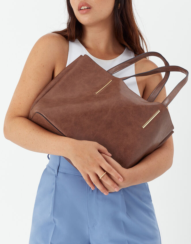 Relaxed Faux Reptile Shoulder Bag, Tan (TAN), large