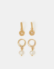 2-Pack 14ct Gold-Plated Pearl & Coin Hoop Earrings, , large