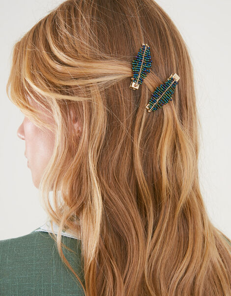Beaded Leaf Hair Clips Set of Two, , large