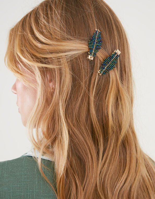 Beaded Leaf Hair Clips Set of Two, , large