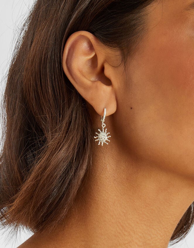 Sterling Silver-Plated Sun Charm Hoop Earrings, , large
