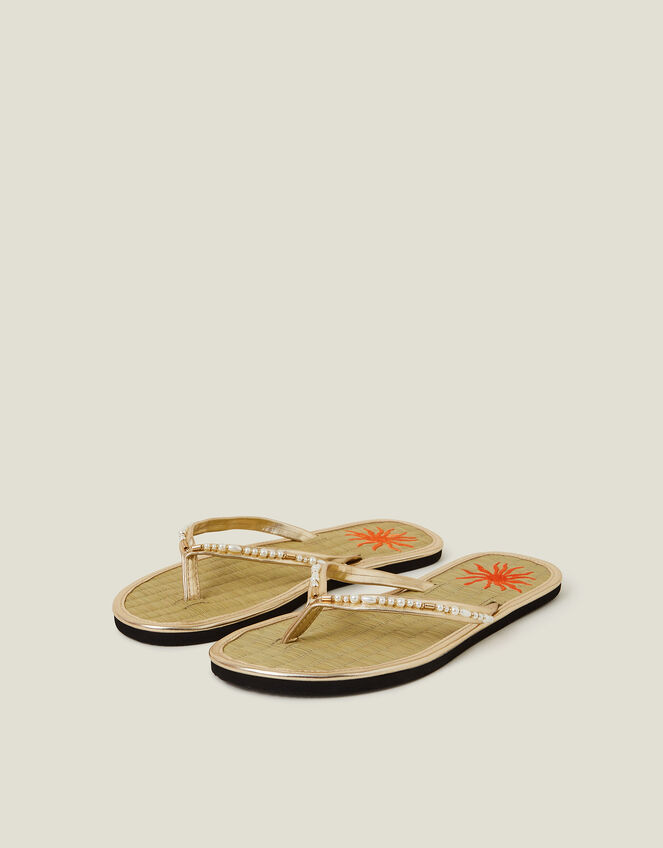 Sun Embroidered Seagrass Flip Flops, Gold (GOLD), large
