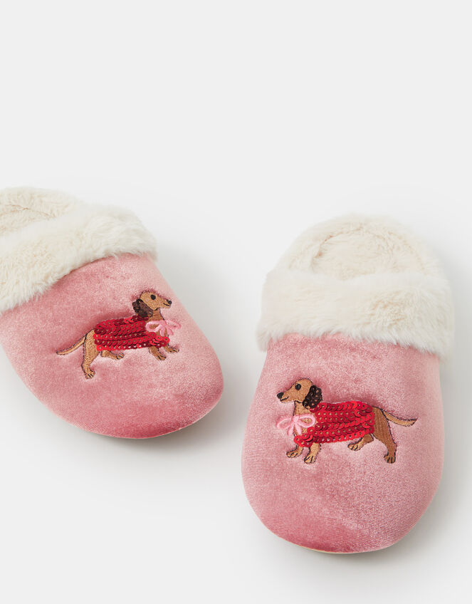 Sequin Sausage Dog Mule Slippers, Pink (PINK), large
