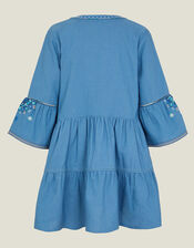 Girls Mirror Embellished Flute Sleeve Dress, Blue (BLUE), large