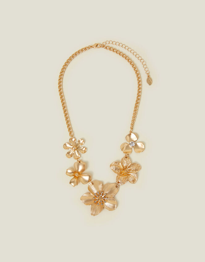 Statement Flower Chain Necklace Gold, , large