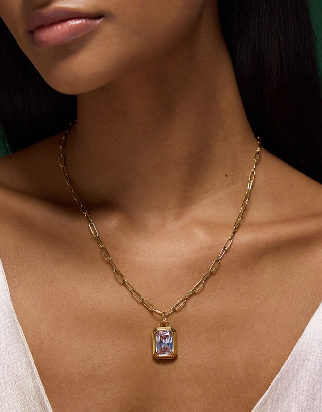 Stainless Steel Rectangle Stone Pendant Necklace, , large