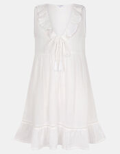 Sleeveless Ruffle Mini Dress, White (WHITE), large