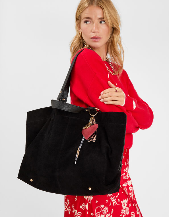 Multi Strap Suede Tote Bag, Black (BLACK), large