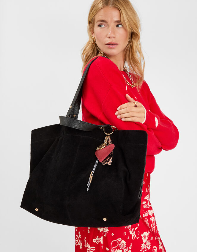 Multi Strap Suede Tote Bag, Black (BLACK), large