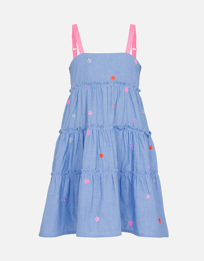 Kids Floral Embroidered Chambray Dress, Blue (BLUE), large