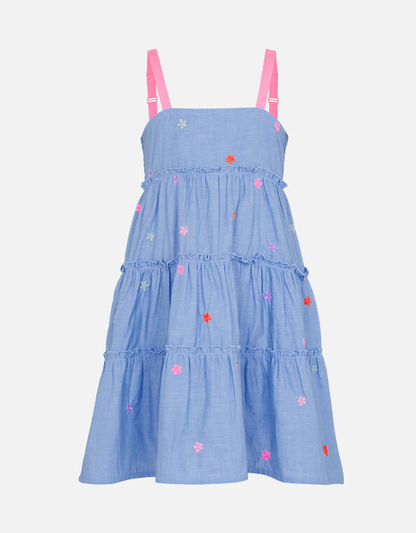 Girls Floral Embroidered Chambray Dress Blue, Blue (BLUE), large