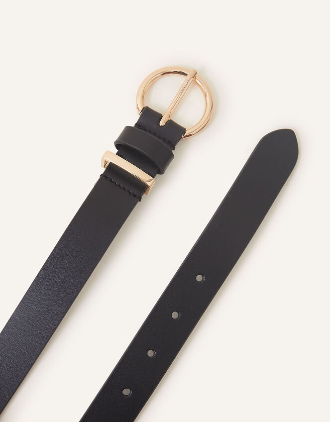 Round Buckle Leather Jeans Belt, Black (BLACK), large