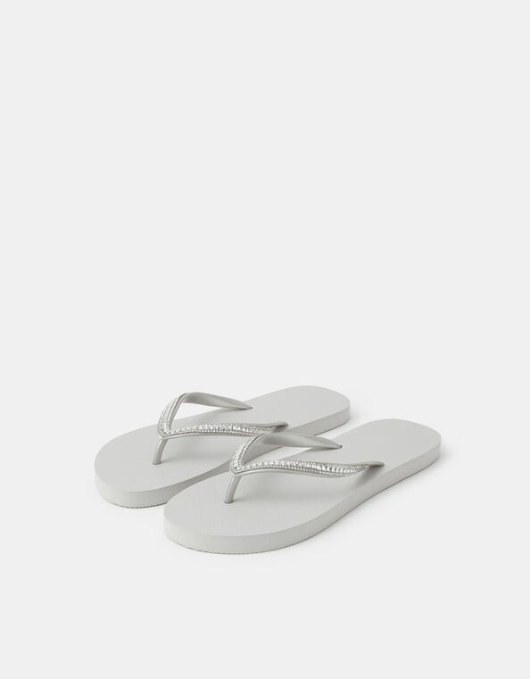 Crystal Embellished Flip Flops, Silver (SILVER), large