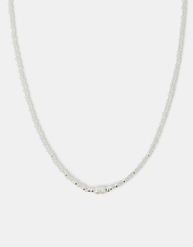 Sterling Silver-Plated Pearl Beaded Necklace, White (WHITE), large