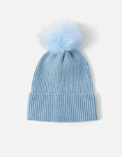 Knit Pom-Pom Beanie with Recycled Polyester, Blue (BLUE), large