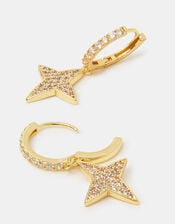 14ct Gold-Plated Diamant&eacute; Star Charm Hoop Earrings, , large