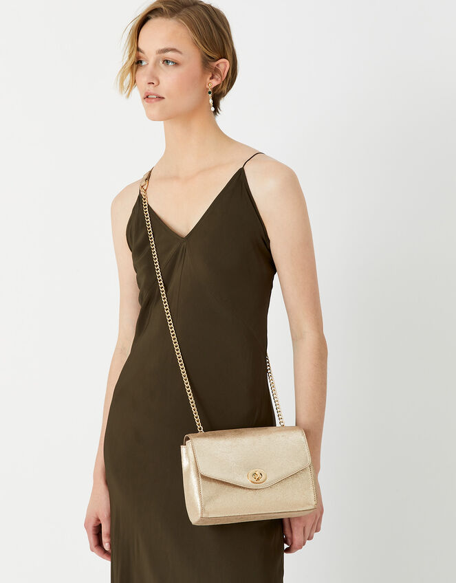 Leather Twist Lock Chain Cross-Body Bag, Gold (GOLD), large