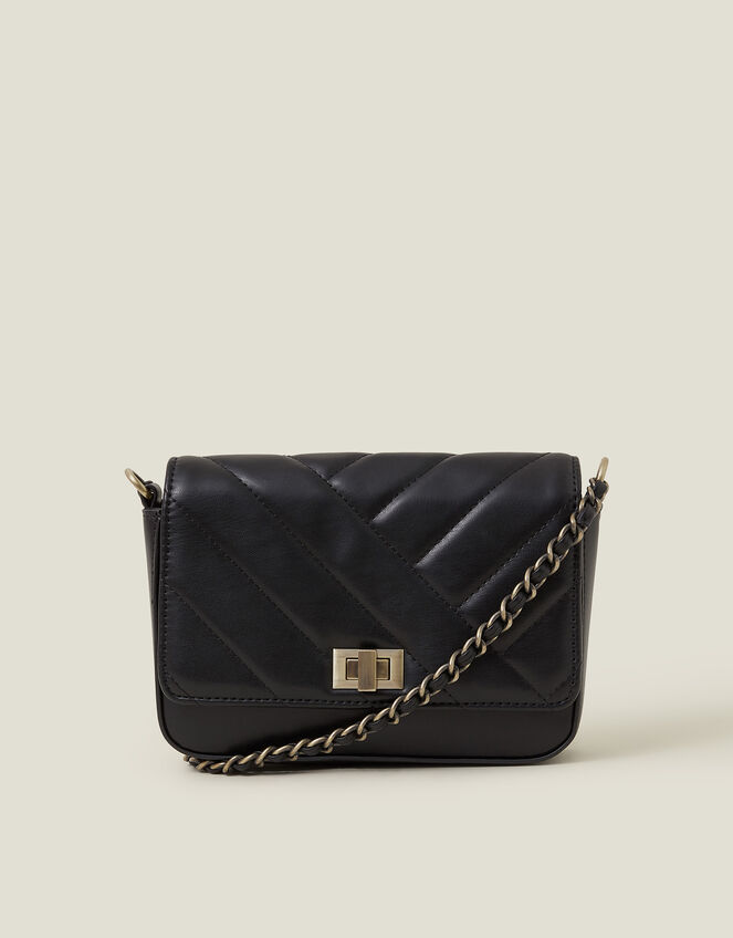 Chain Strap Faux Leather Cross-Body Bag, Black (BLACK), large