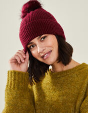 Faux Fur Pom Rib Beanie Hat, Red (BURGUNDY), large