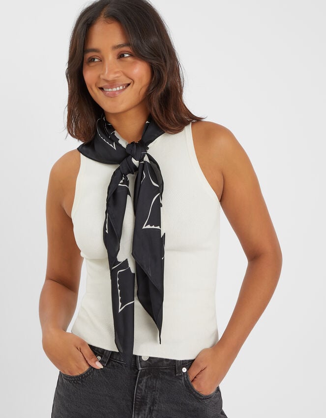 Monochrome Floral Satin Scarf, , large