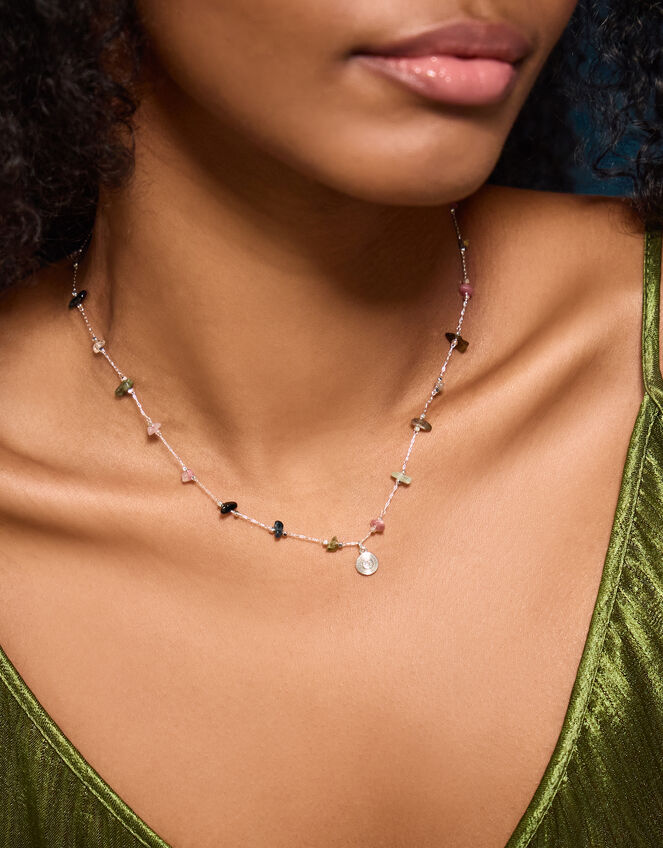 Sterling Silver-Plated Semi-Precious Stone Station Necklace, , large