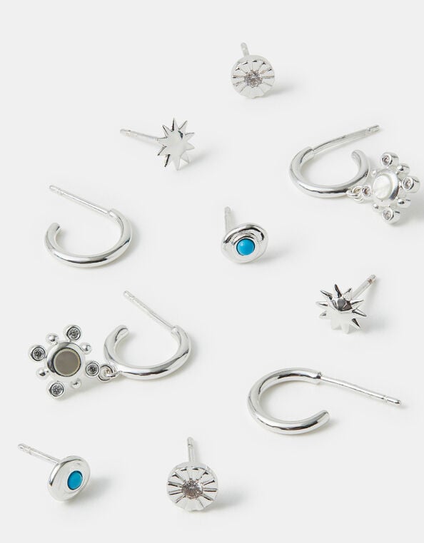 5-Pack Sterling Silver-Plated Stone Stud & Hoop Earrings, , large
